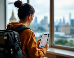 Voyageuse réalisant elle-même son état des lieux d'arrivée sur son smartphone dans le logement